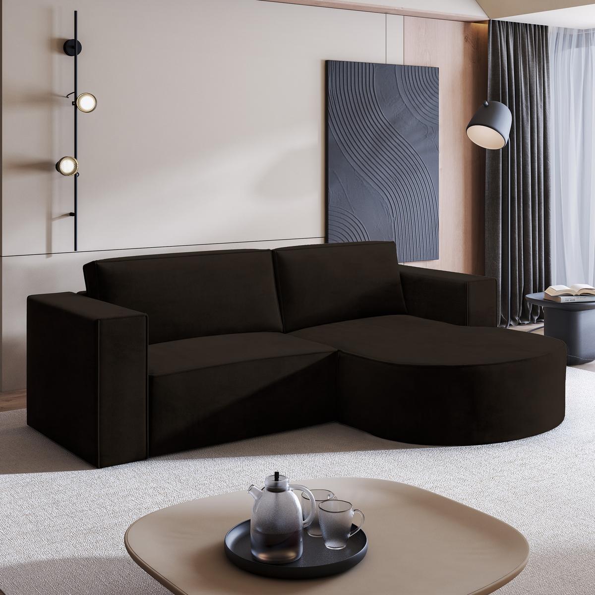 ECKSOFA SORELA M R-S Braun Velours-Stoff mit Schlaffunktion - Braun, Holz (263/174cm) - MASSENO