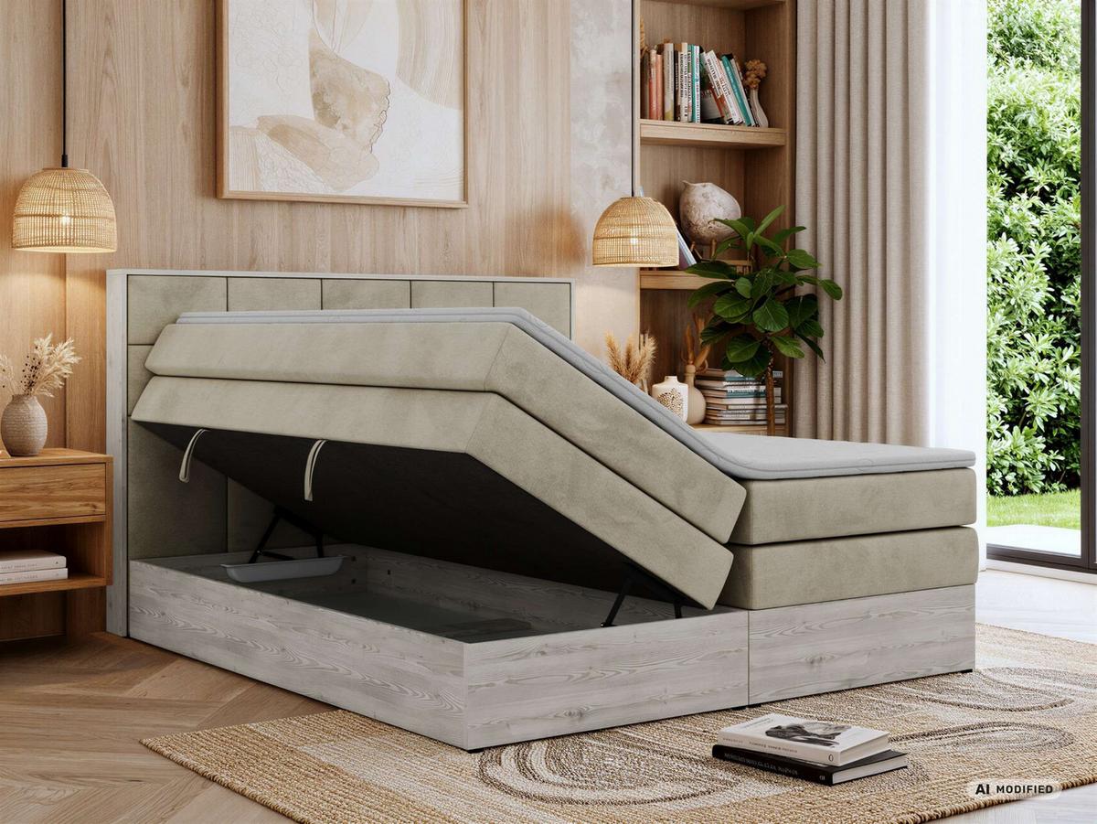 BOXSPRINGBETT ALNOR KING 140/200 - Beige Velvet - Topper T25 - H4 - Beige/Schwarz, Kunststoff/Textil (140/200cm) - MKS