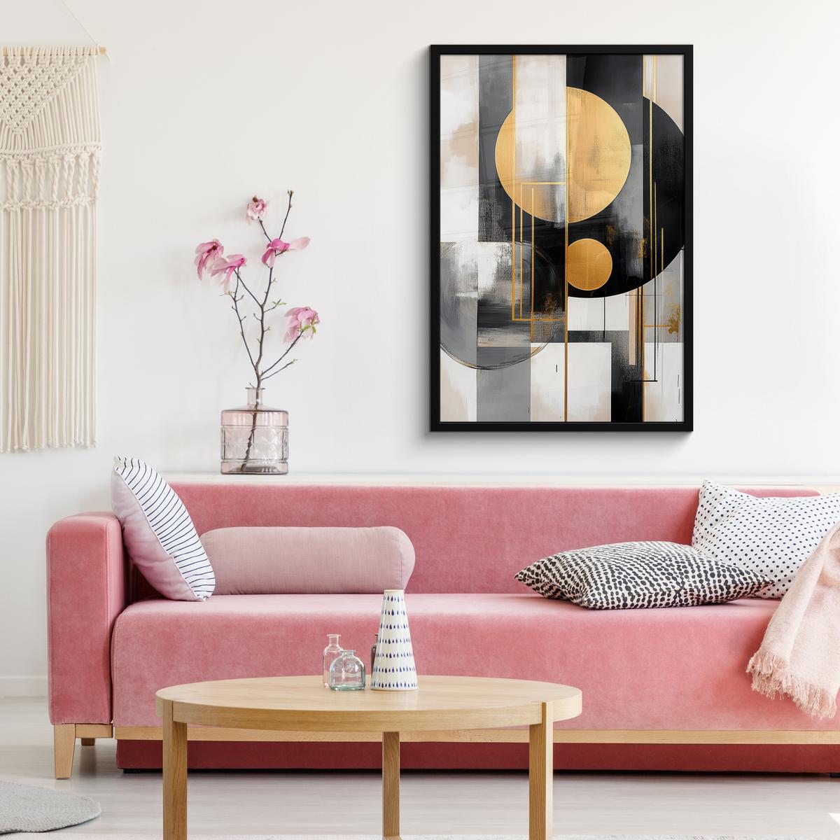 POSTER MIT RAHMENGERAHMTES BILD Abstrakt - Gold - Silber - Formen - Ästhetisch - Modern 60x90 cm - Goldfarben, Papier (60/90cm) - MuchoWow