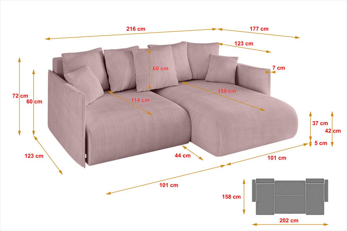 ECKSOFA Ottomane rechts ONESK-L 216x177x72 Rosa Cord - Rosa, Holzwerkstoff/Kunststoff (177/216cm) - ALTDECOR