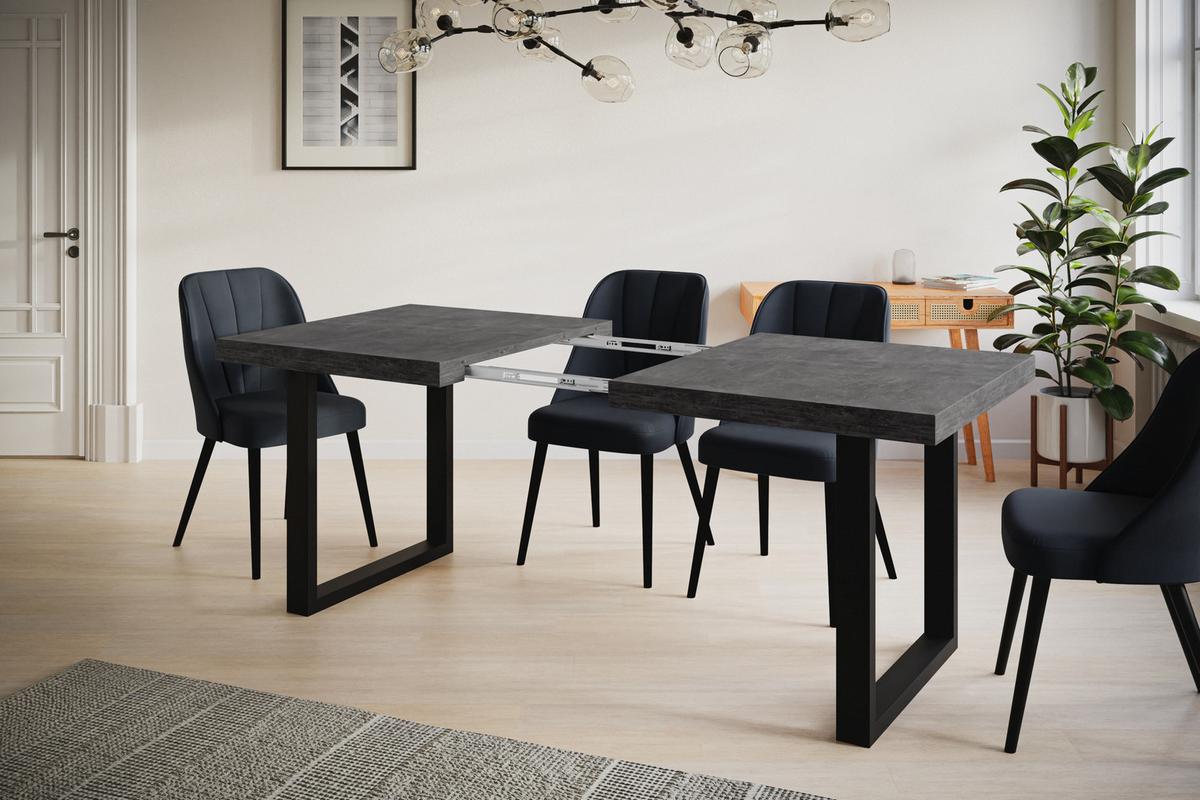 INDUSTRIELLER Esszimmertisch LOFT-U, ausziehbarer Tisch, Größe: 140-240X80X77 cm, Wohnzimmertisch Farbe: Dunkelgrau, mit Metallbeinen in Farbe Schwarz - Dunkelgrau/Schwarz, Holzwerkstoff (140/80/77cm) - Alpi-Möbel