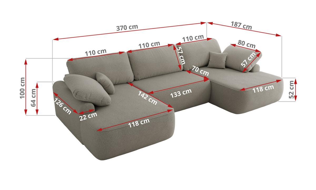 WOHNLANDSCHAFT CUBO U Hellgrau Boucle - Hellgrau/Schwarz, Kunststoff/Textil (370/100/187cm) - MKS