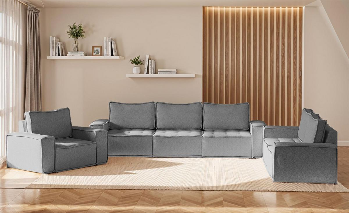 SOFASET Sande 3-2-1 In Raven - Grau, Holzwerkstoff/Textil (292/85/90cm) - Fun Möbel