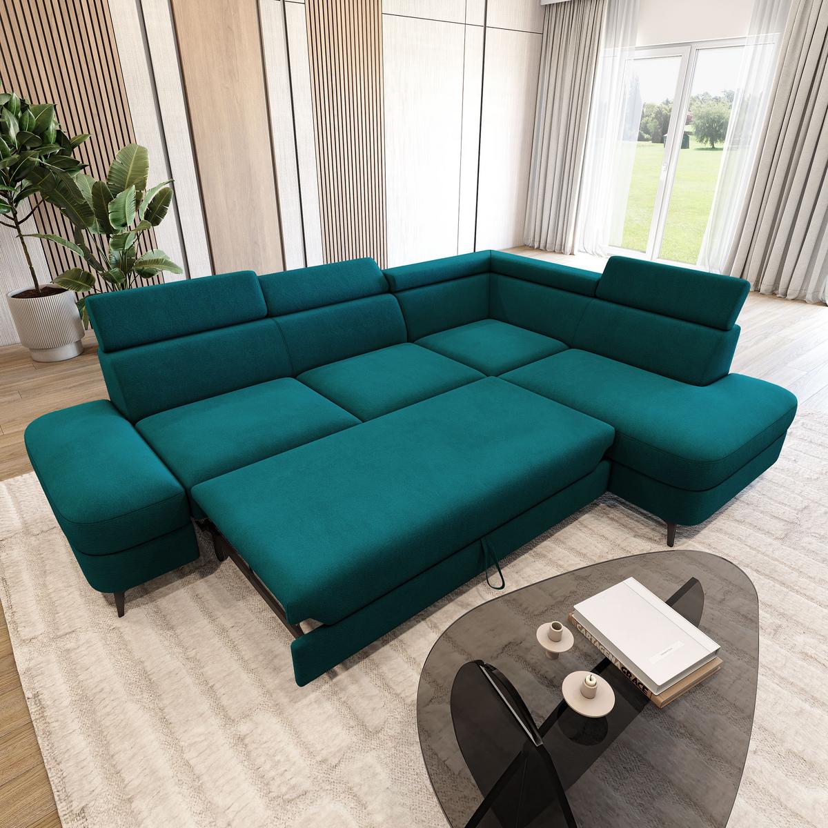 ECKSOFA AVISE MV R-S Blau Velours-Stoff mit Schlaffunktion - Blau, Holzwerkstoff/Textil (268/195cm) - MASSENO