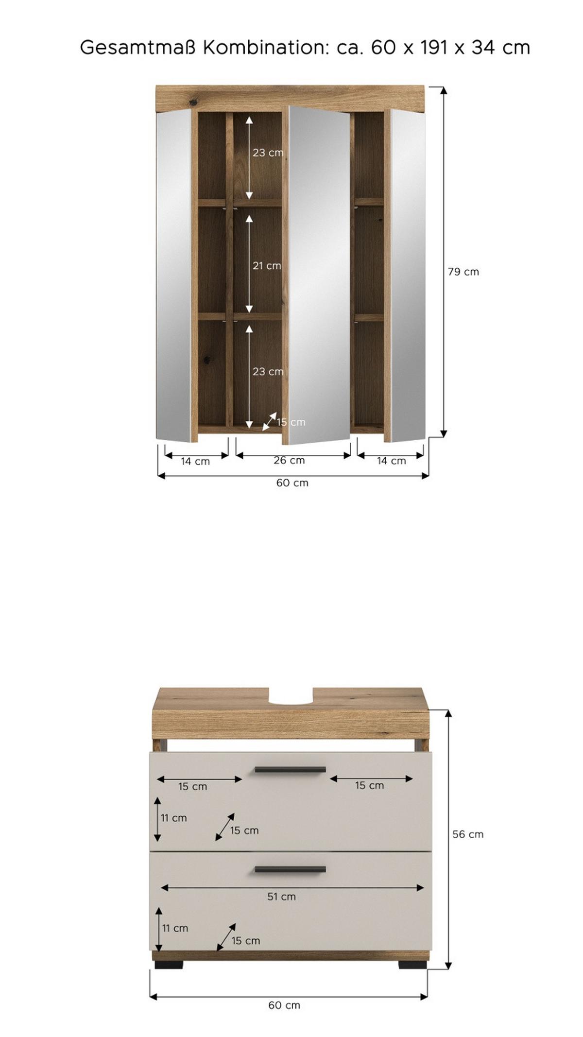 BADMÖBEL-SET Sand Kashmir, Evoke Eiche Badkombination 2-teilig 60 cm mit Schubladen - Kaschmir/Eichefarben, Glas/Holzwerkstoff (60/191/37cm) - Inn.Furn