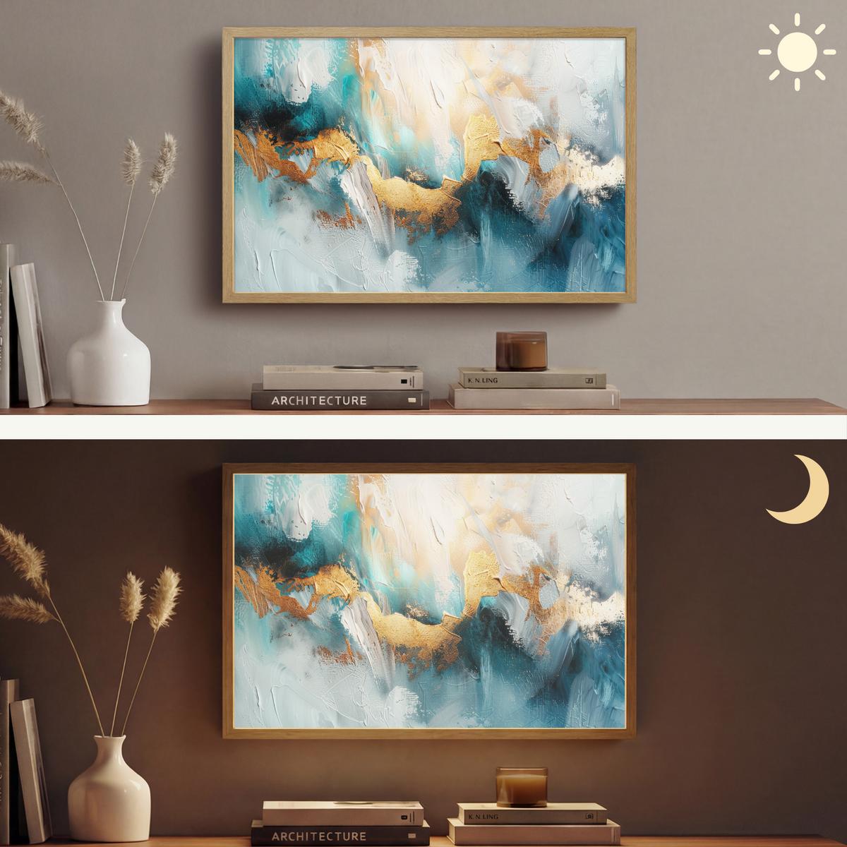 WANDLEUCHTE MIT AKKU Abstrakt - Kunst - Gold - Blau 60x40 cm - Türkis, Holzwerkstoff (60/40/8cm) - OnlyWow