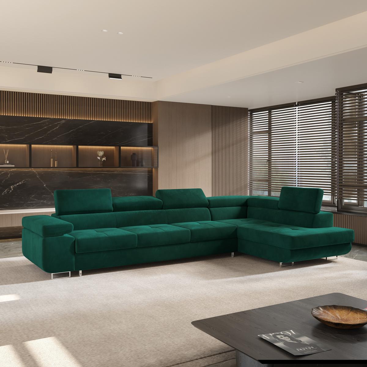 ECKSOFA VICENTE Grün Velours-Stoff mit Schlaffunktion - Grün, Holz (346/202cm) - MASSENO
