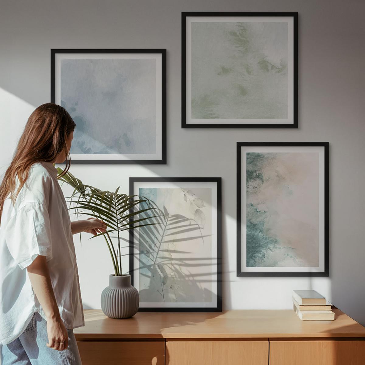 BILDER SET 4er Set - 50x50 cm & 40x60 cm Schwarzer Rahmen - Aquarell-Leinwandstil - Schwarz, Kunststoff (50/50cm) - TULUP