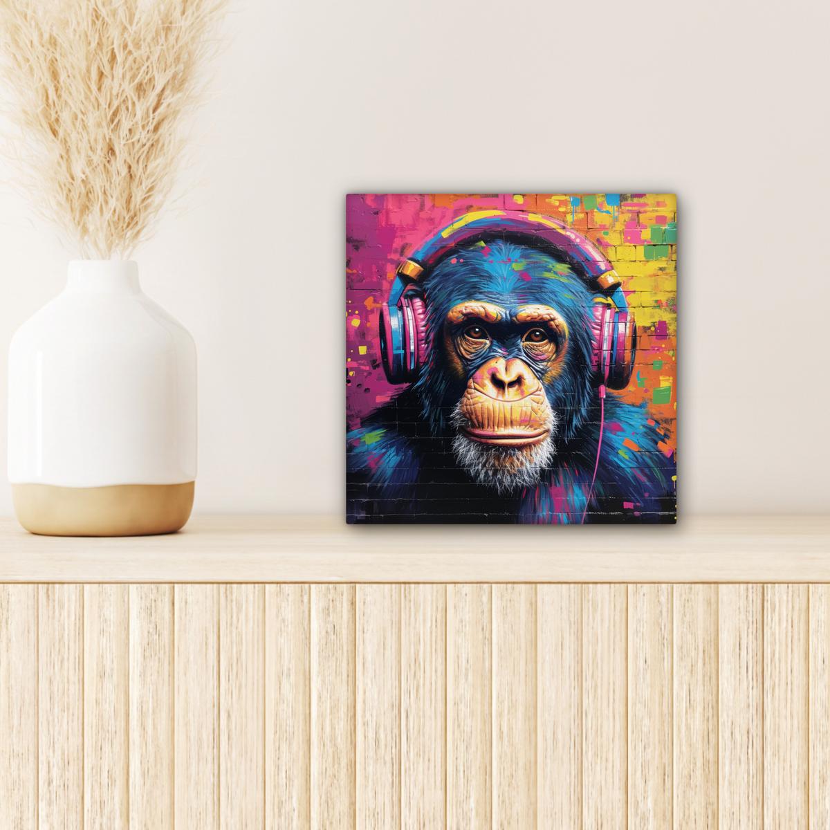 LEINWANDBILD Graffiti - Schimpanse - Straßenkunst - Kopfhörer - Affe Deko Wohnzimmer 20x20 cm - Blau, Textil (20/20cm) - MuchoWow