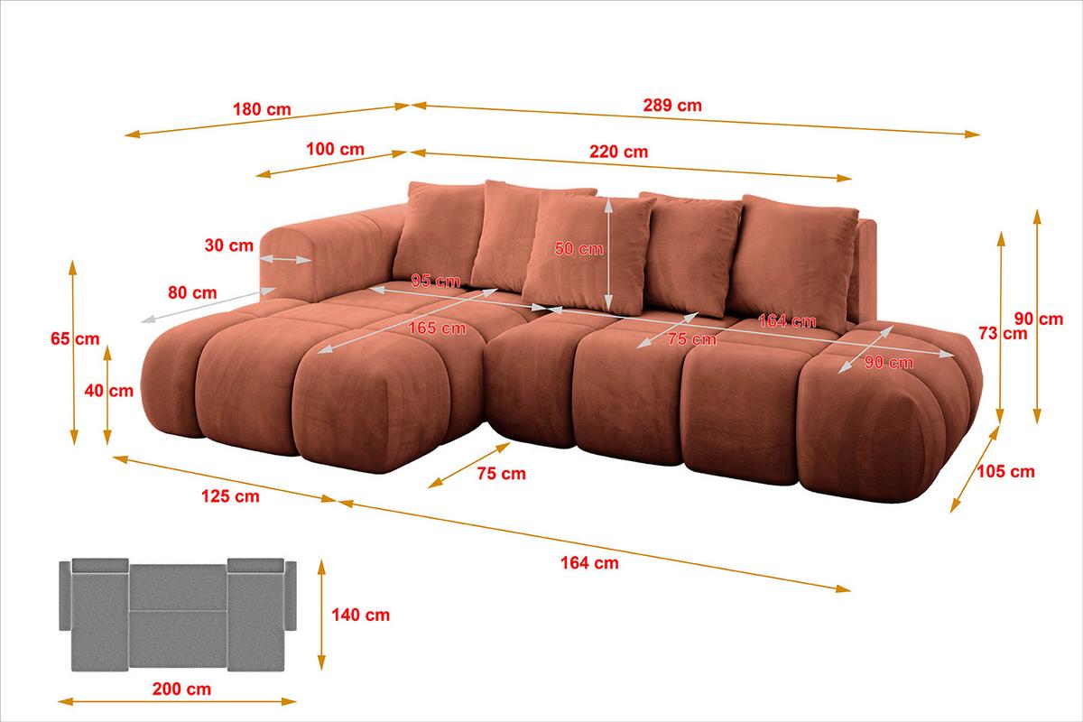 ECKSOFA Ottomane Links CLOUD-L-v1 280x185x90 Apricot Velours - Koralle, Holzwerkstoff/Kunststoff (180/289cm) - ALTDECOR