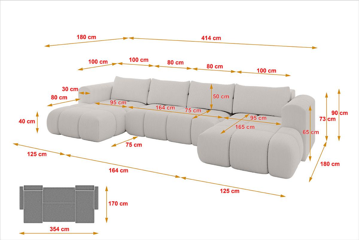 WOHNLANDSCHAFT CLOUD-U 405x185x90 Creme Cord - Hellgrau/Creme, Holzwerkstoff/Kunststoff (405/90/185cm) - ALTDECOR