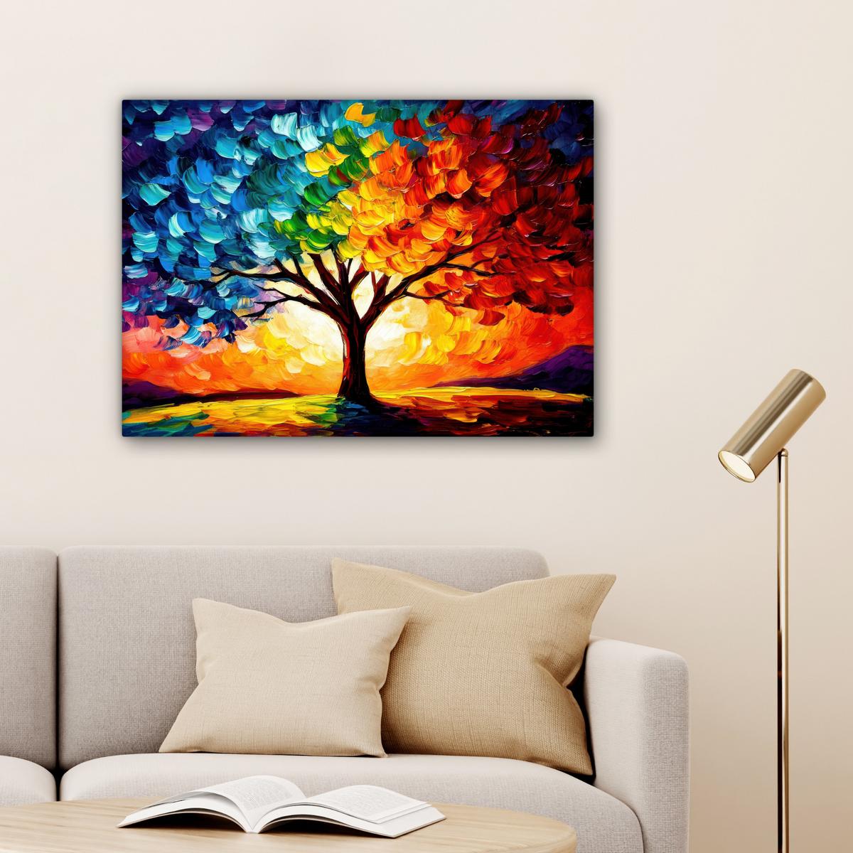 LEINWANDBILD Baum - Kunst - Natur - Sonnenuntergang Wandbilder 80x60 cm - Multicolor, Textil (80/60cm) - MuchoWow