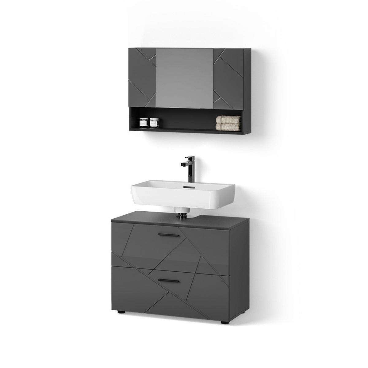 BADMÖBEL-SET Ronco Anthrazit Hochglanz 2 Teile, Unterschrank 80 cm - Schwarz Hochglanz, Holzwerkstoff (41/80/58cm) - Livinity®