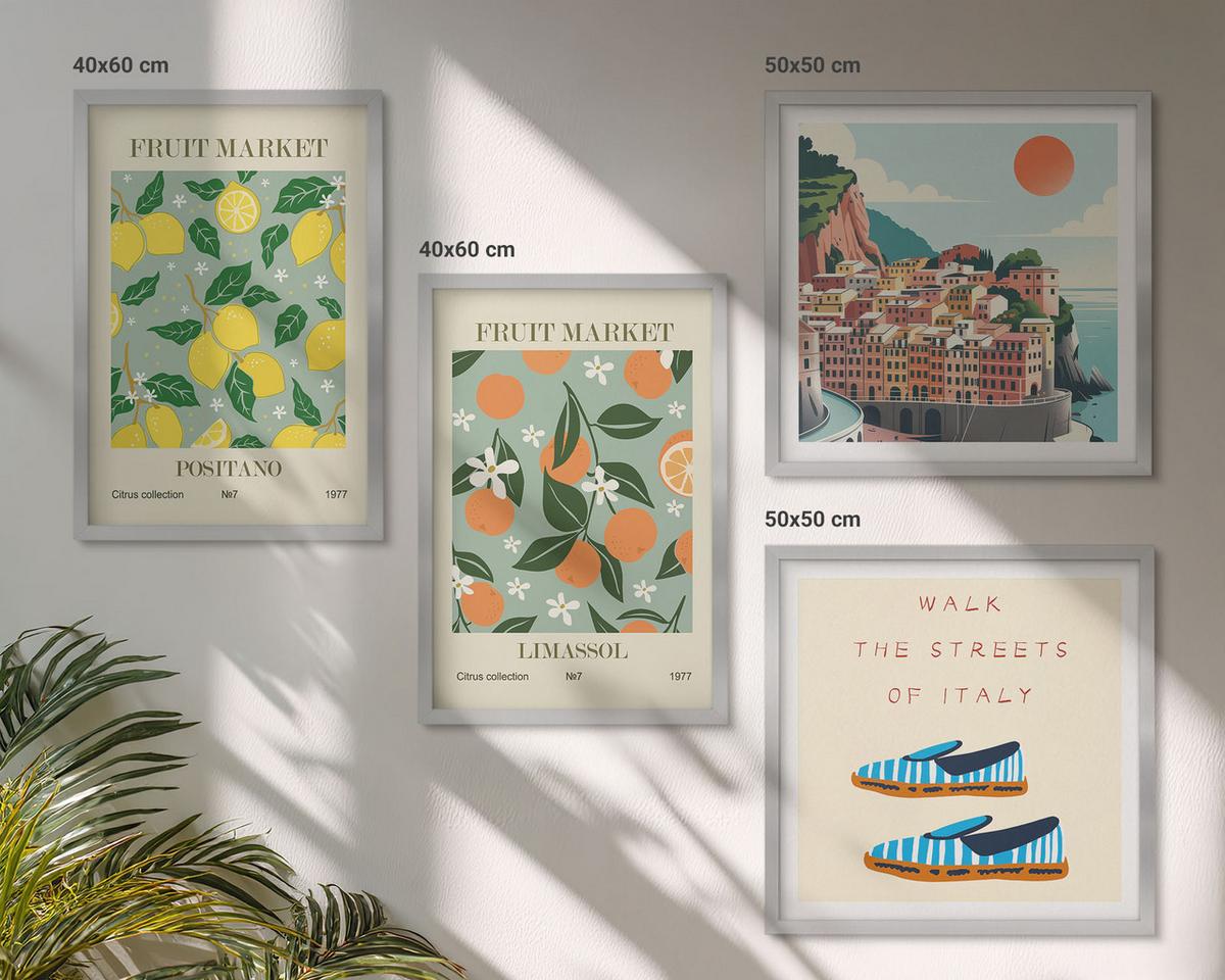 BILDER SET 4er Set - 50x50 cm & 40x60 cm Silberner Rahmen - Fruchtmuster der italienischen Kultur - Silberfarben, Kunststoff (50/50cm) - TULUP