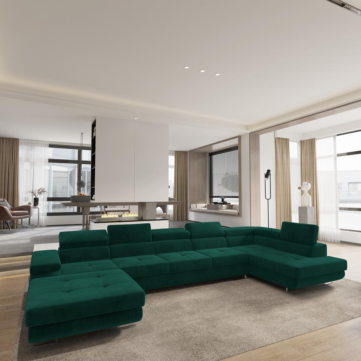 WOHNLANDSCHAFT TORIVA R-S Grün Velours-Stoff mit Schlaffunktion - Grün, Holz (418/90/202cm) - MASSENO