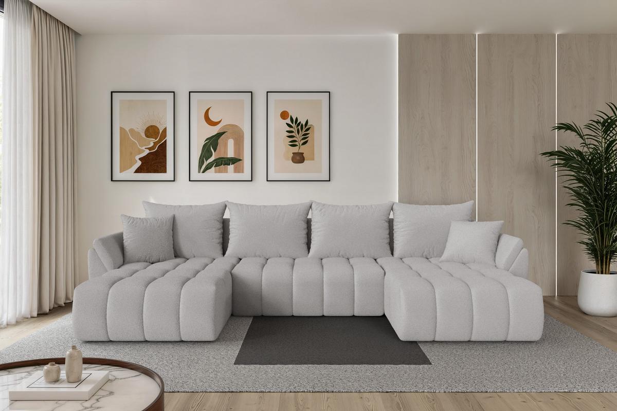 WOHNLANDSCHAFT mit Schlaffunktion und Bettkasten TOKO-U-v1 378x194x86 Hellgrau Bouclé - Silberfarben/Hellgrau, Holzwerkstoff/Kunststoff (378/86/194cm) - ALTDECOR
