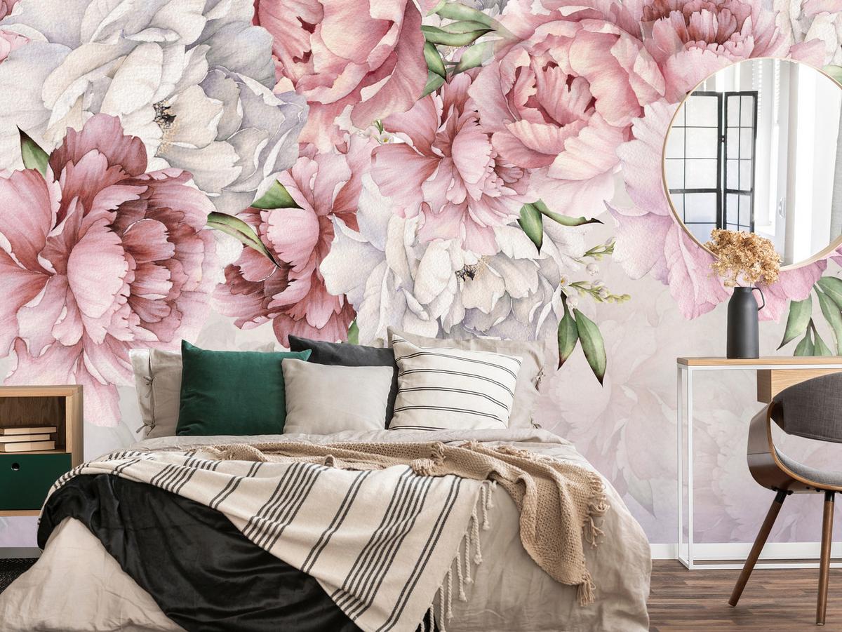 FOTOTAPETE für Schlafzimmer Rosa Zarte Pfingstrosen Natur 300x210 - Violett/Rosa, Papier (300/210cm) - Muralo