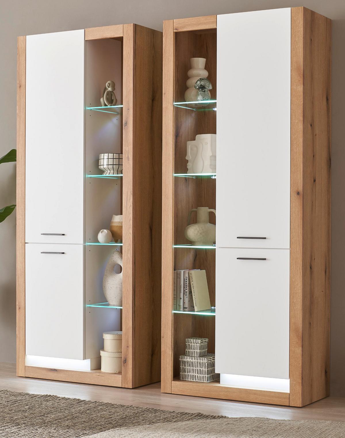 VITRINEN-SET 2-teilig weiß matt, Evoke Eiche, 2 x Vitrinenschrank - Eichefarben/Silberfarben, Glas/Holzwerkstoff (180/195/37cm) - Furn.Design