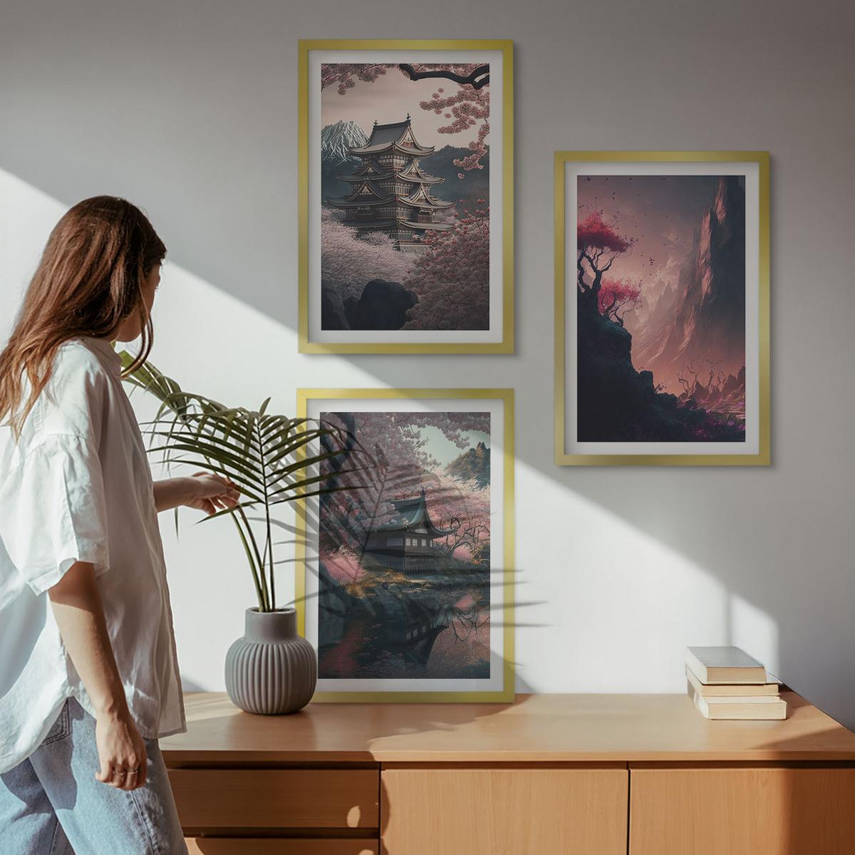 BILDER SET 3er Set - 40x60 cm Goldrahmen - Fantasielandschaften der japanischen Berge - Goldfarben, Kunststoff (40/60cm) - TULUP