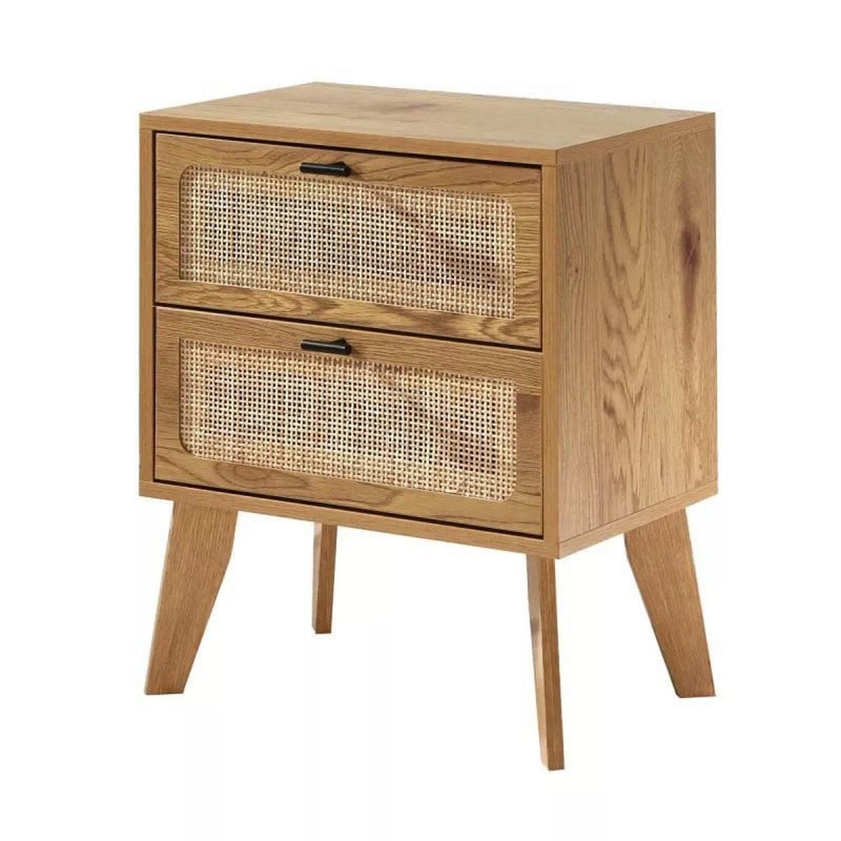 NACHTTISCH mit 2 schubladenrattanfronten und holzdekorbeinen alia 45/29/56 cm - Eschefarben, Holzwerkstoff (45/56/29cm) - Calicosy