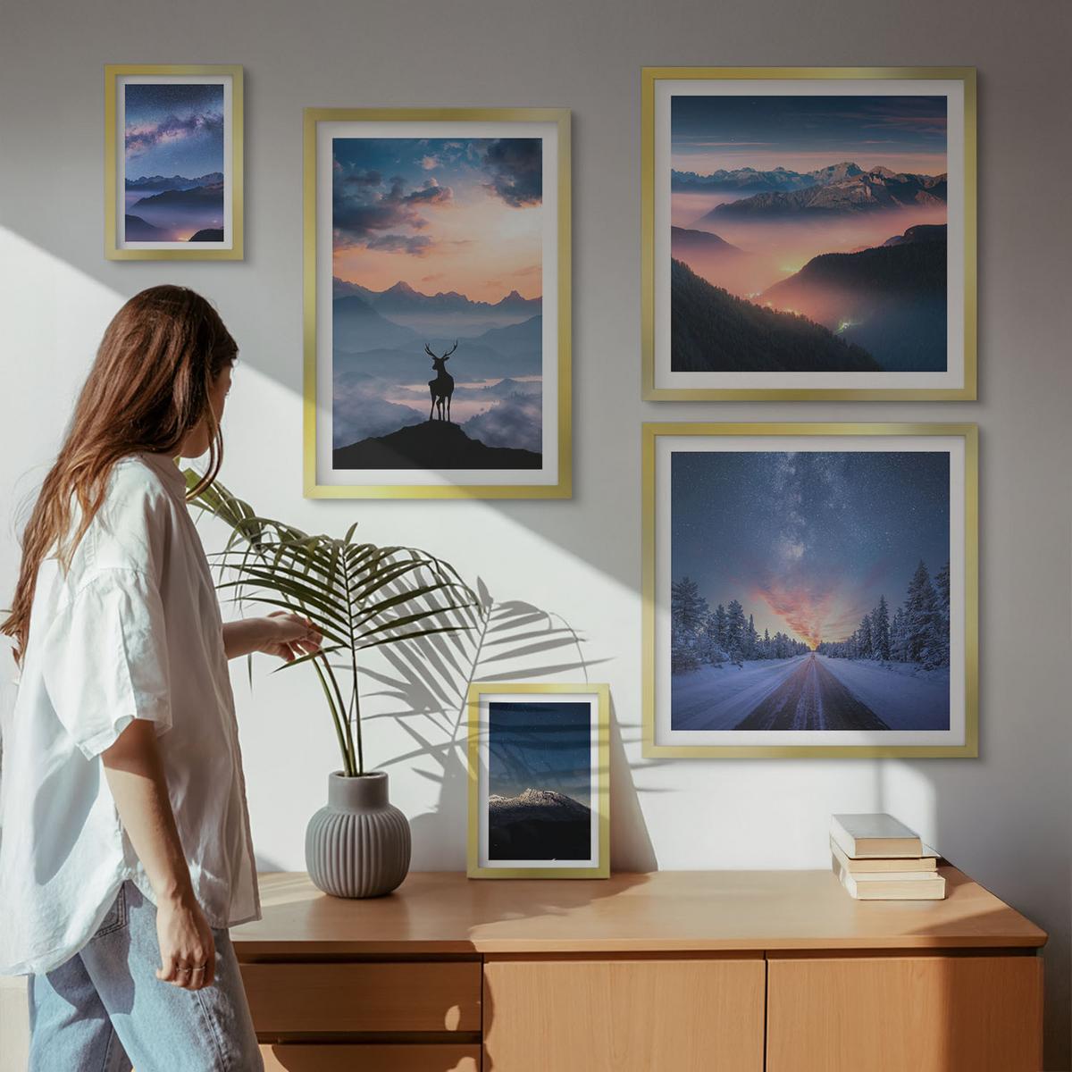 BILDER SET 5er Set - 50x50 cm & 20x30 cm & 40x60 cm Goldrahmen - Nachthimmel Berge Nebel Hirsch - Goldfarben, Kunststoff (40/60cm) - TULUP
