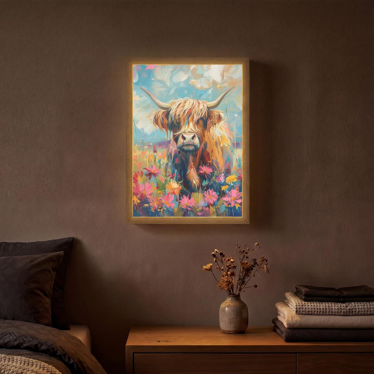 WANDLEUCHTE MIT AKKU Schottische Hochländer - Natur - Farbenfroh - Blumen 30x40 cm - Multicolor, Holzwerkstoff (30/40/8cm) - OnlyWow