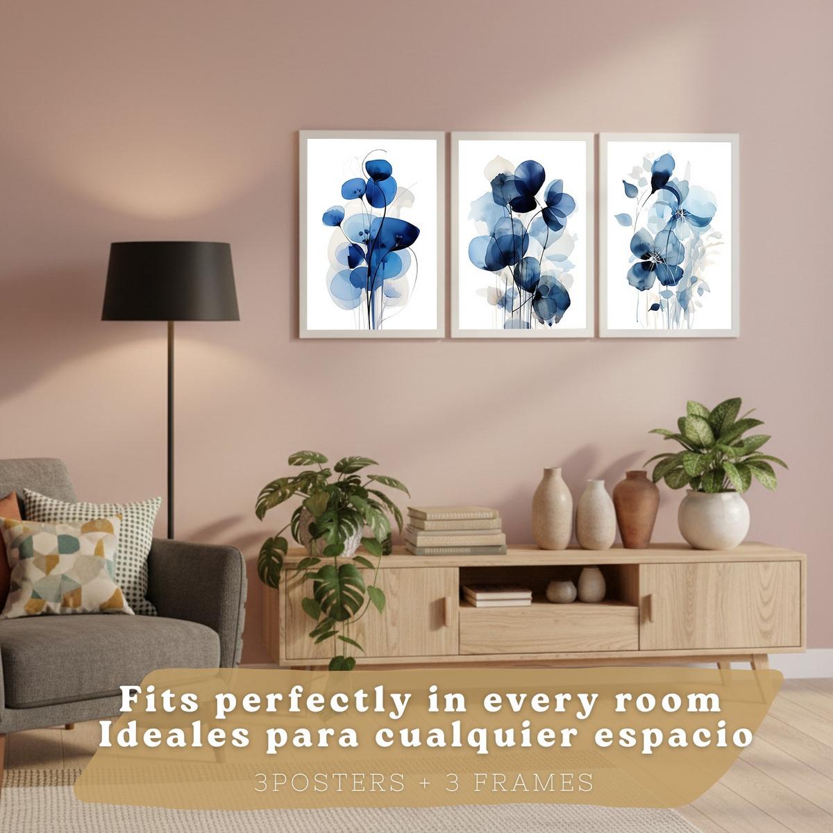 POSTER 3er-Set Wandbilder Blumen Blau modern Wohnzimmer Deko, Schlafzimmer, Küche, Badezimmer Weißer Rahmen A4 - Weiß, Papier (29.7/1/21cm) - Nacnic