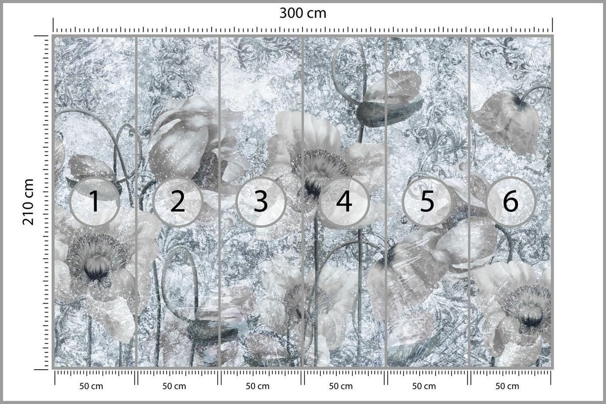 FOTOTAPETE für Wohnzimmer Grau Mohnblumen Beton Blumen Blätter 300x210 - Grau, Papier (300/210cm) - Muralo