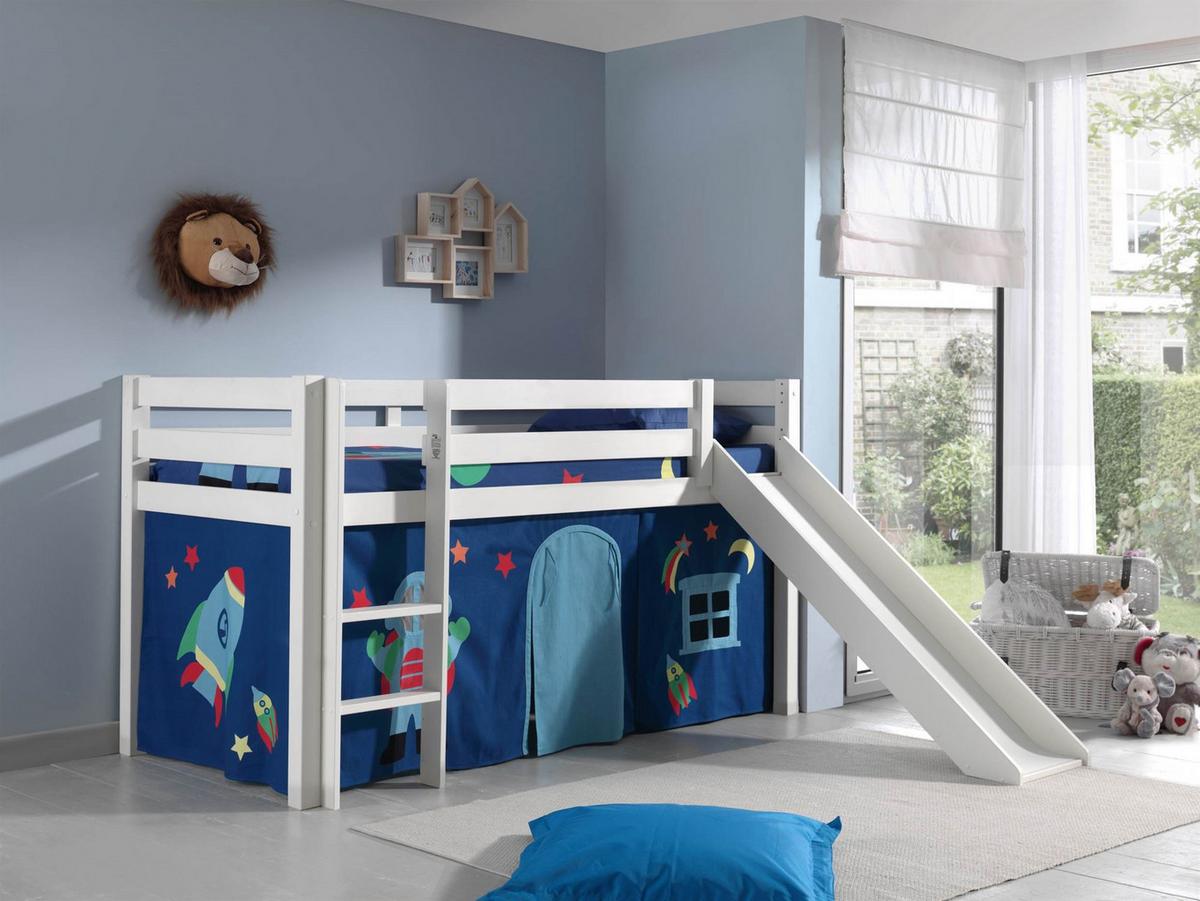 HOCHBETT mit Rutsche Karolina Massivholz Weiß Textilset Astro 1 - Blau/Weiß, Holz (90/200cm) - 58aufmkessel