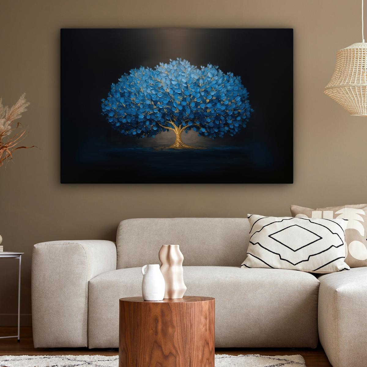 LEINWANDBILD Baum - Blau - Blätter - Pinselstriche Groß 140x90 cm - Blau, Textil (140/90cm) - MuchoWow