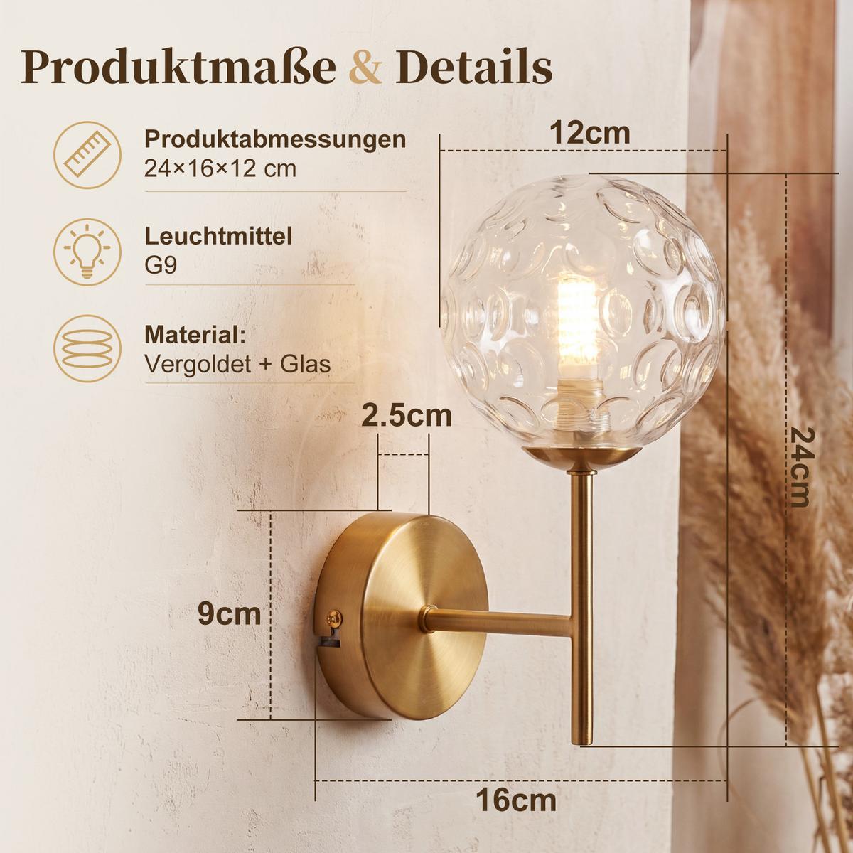 WANDLEUCHTE Tyvax 24/12/16 cm - Goldfarben, Glas/Metall (12/16/24cm) - ZMH