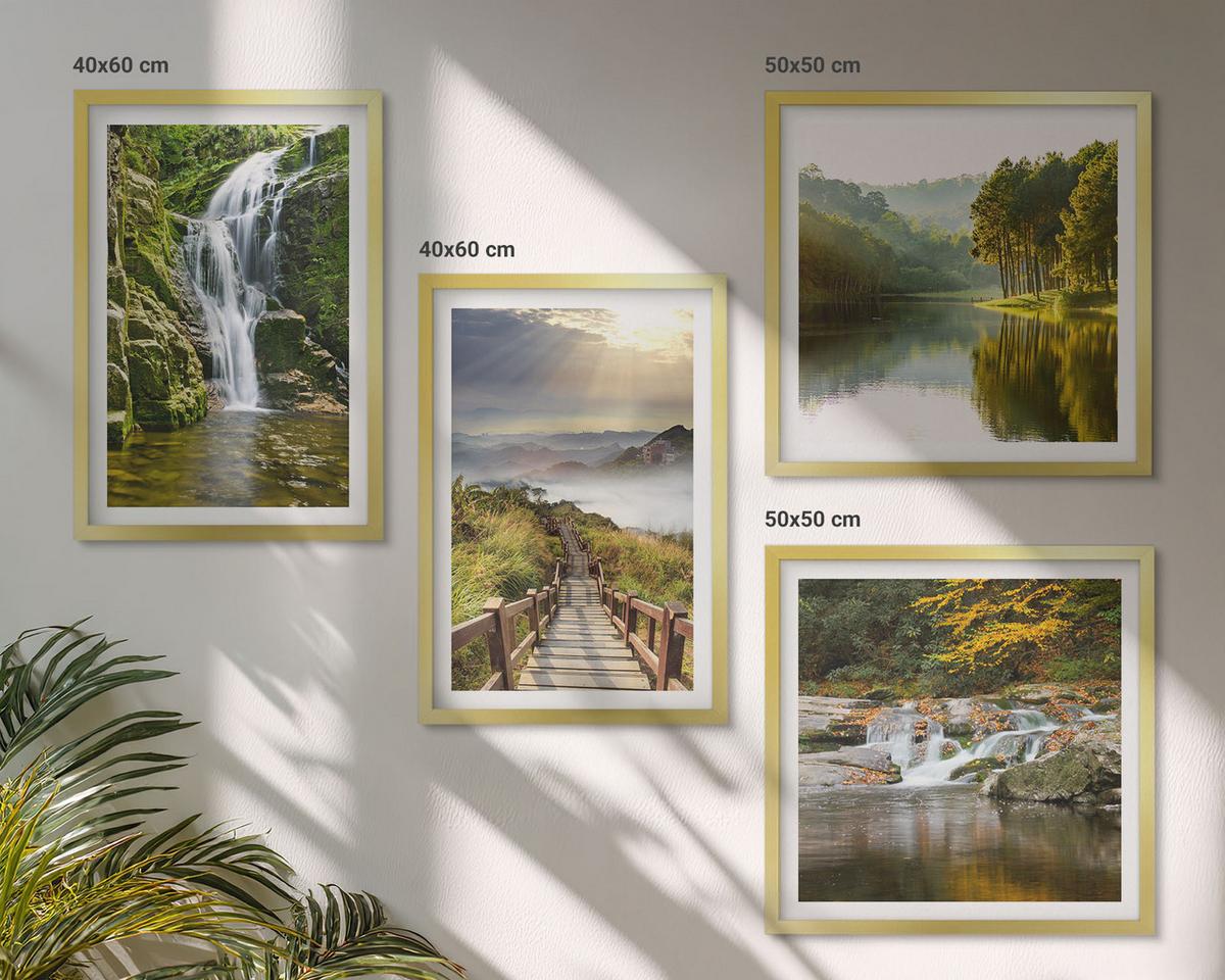 BILDER SET 4er Set - 50x50 cm & 40x60 cm Goldrahmen - Wasserfälle, Berge, Wolken, Herbst - Goldfarben, Kunststoff (50/50cm) - TULUP
