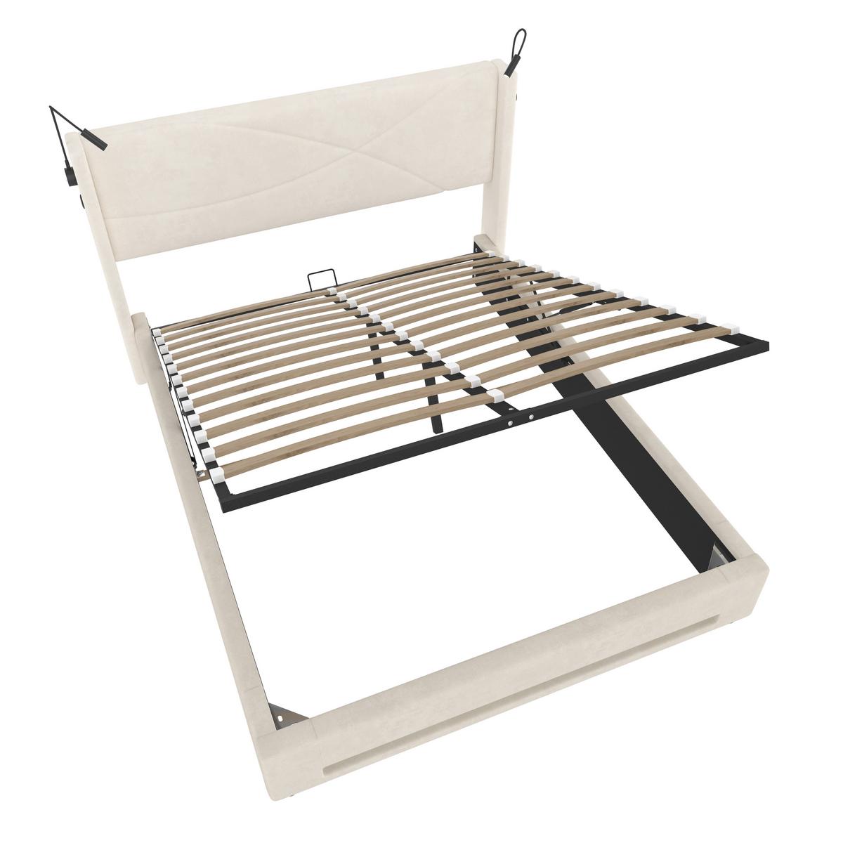 POLSTERBETT Samt Beige 140x200 cm mit LED Beleuchtung & USB-Ladestation - Beige, Textil (140/200cm) - Urban Meuble