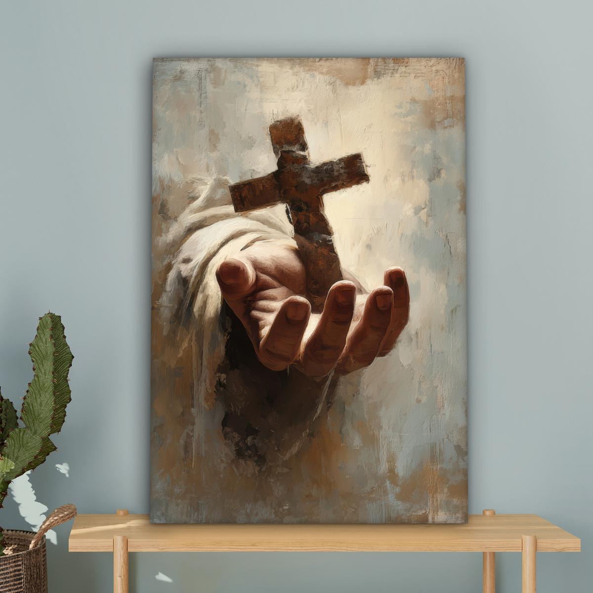 LEINWANDBILD Abstrakt - Kreuz - Hand - Christentum Wanddeko Schlafzimmer 60x90 cm - Hellbraun, Textil (60/90cm) - MuchoWow