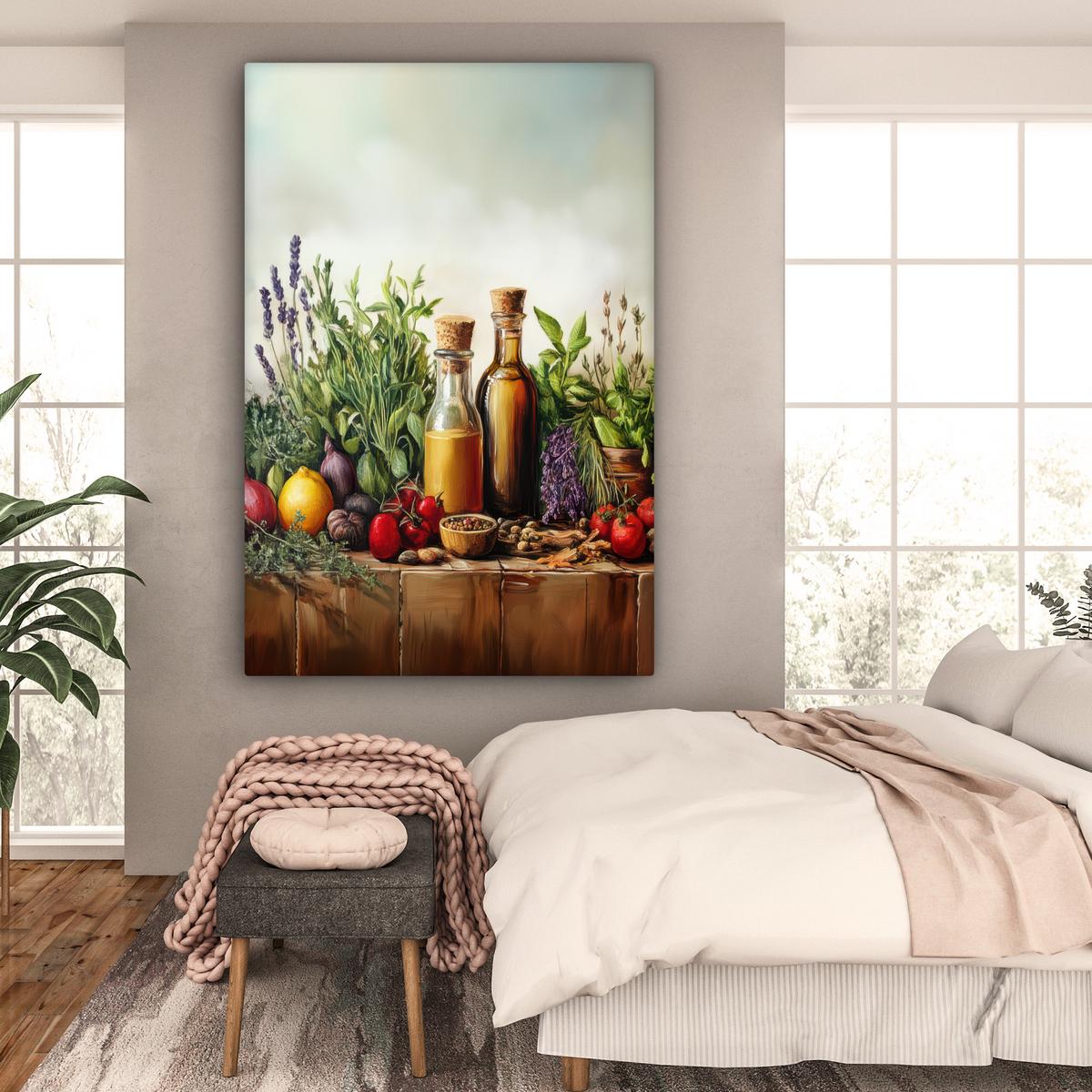 LEINWANDBILD Stilleben - Kräuter - Gewürze - Früchte - Farbenfroh Deko Groß 90x140 cm - Grün, Textil (90/140cm) - MuchoWow