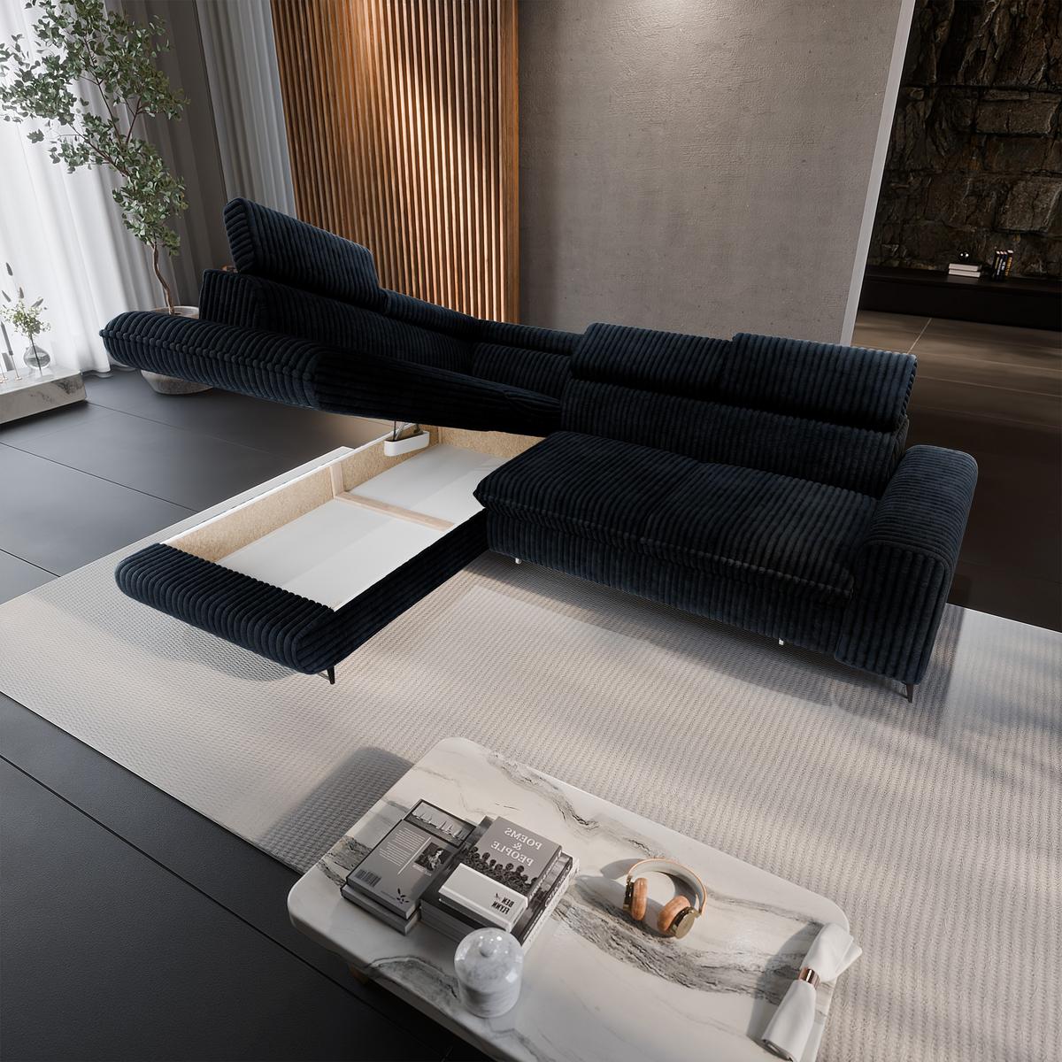 ECKSOFA VELISS Schwarz Kordstoff mit Schlaffunktion - Schwarz, Holz (255/193cm) - MASSENO