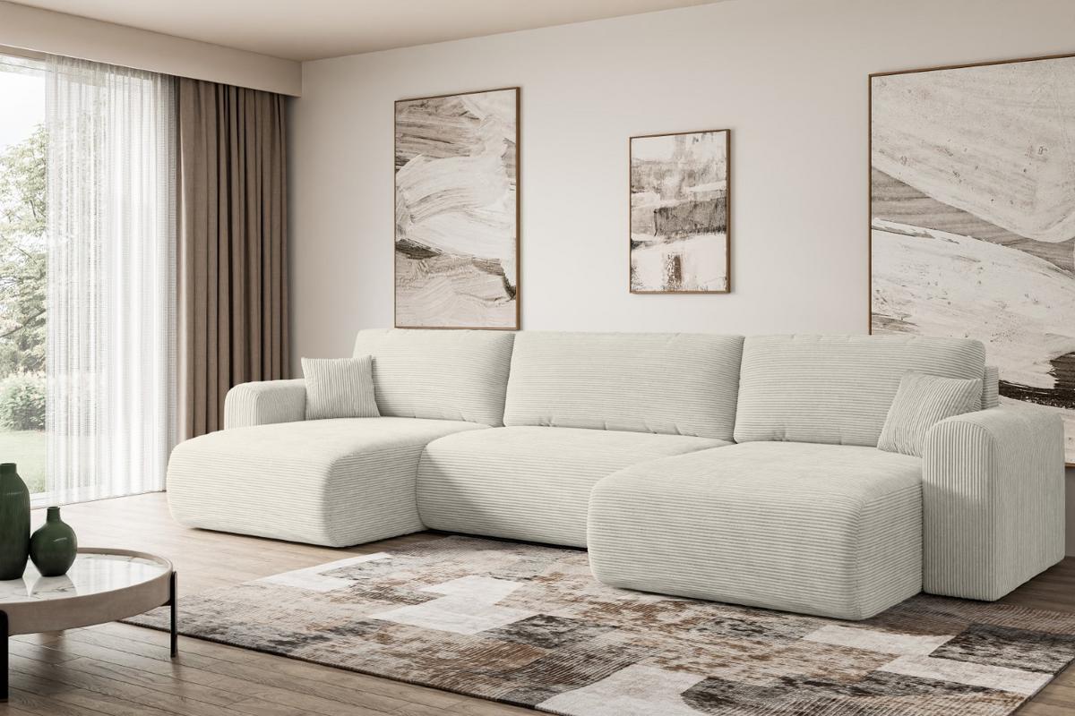 WOHNLANDSCHAFT mit Schlaffunktion und Bettkasten ORRO-U - 362x145x83 cm Creme Cord - Hellgrau/Creme, Holzwerkstoff/Kunststoff (362/83/145cm) - ALTDECOR