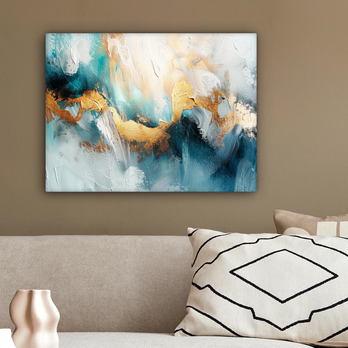 LEINWANDBILD Abstrakt - Kunst - Gold - Blau Wandbild 40x30 cm - Petrol, Textil (40/30cm) - MuchoWow