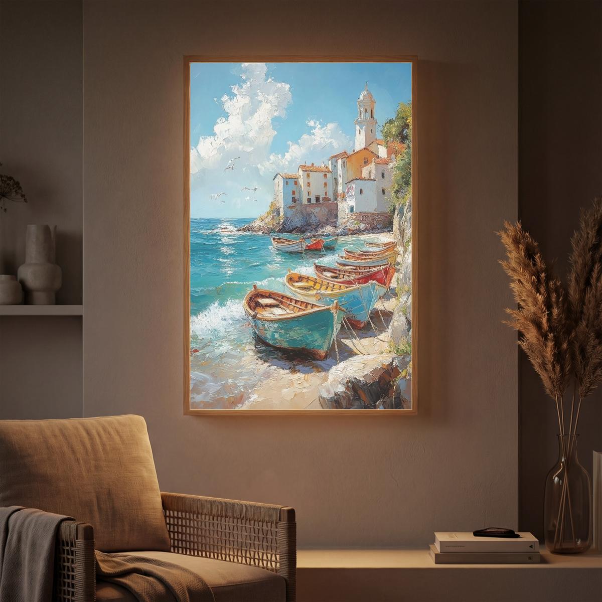 WANDLEUCHTE MIT AKKU Boote - Felsen - Meer - Sonne 70x100 cm - Blau, Holzwerkstoff (70/100/8cm) - OnlyWow