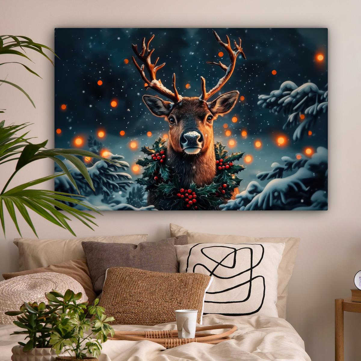 LEINWANDBILD Hirsch - Weihnachten - Winter - Schnee - Weihnachtskranz Wohnzimmer Groß 120x80 cm - Dunkelbraun, Textil (120/80cm) - MuchoWow