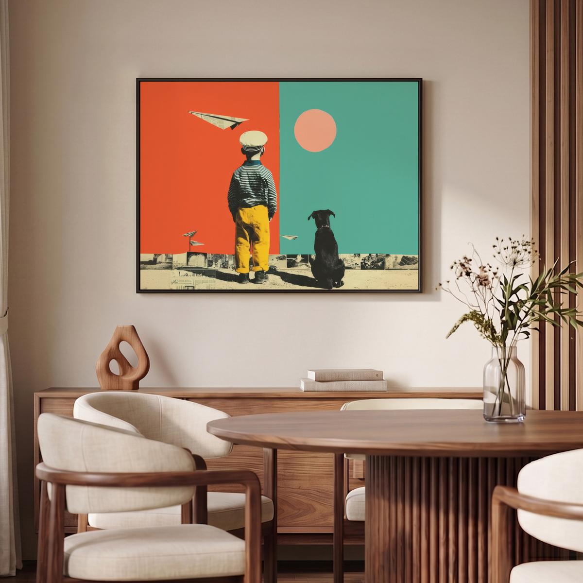 LEINWAND Bilder mit Rahmen - Retro - Junge - Hund - Rot - Grün - 100x70 - Orange, Textil (100/70cm) - MuchoWow