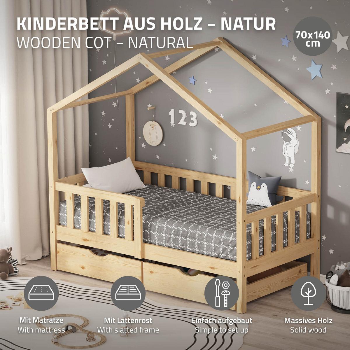 HAUSBETT mit Matratze 70x140 cm und 2 Schubladen Natur aus Kiefernholz - Beige, Holz (70/140cm) - ML-DESIGN