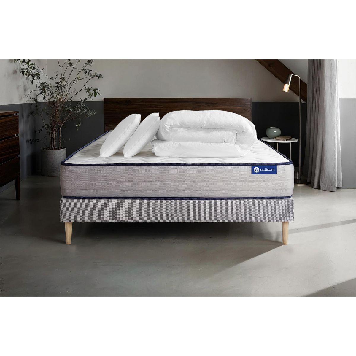 BETT Actiflex form Taschenfederkern und Memory-Schaum 140 x 200 cm h3 - Kit Bettgestell Grau - Mit Kissen und Bettdecke - Beige/Grau, Karton/Holz (140/200cm) - ACTISOM