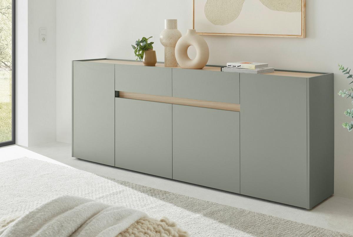 SIDEBOARD in Salbei Grün mit Eiche, große Kommode 4-türig mit Schubkästen, 223 x 87 cm - Salbeigrün/Eichefarben, Holz/Holzwerkstoff (223/87/40cm) - Furn.Design