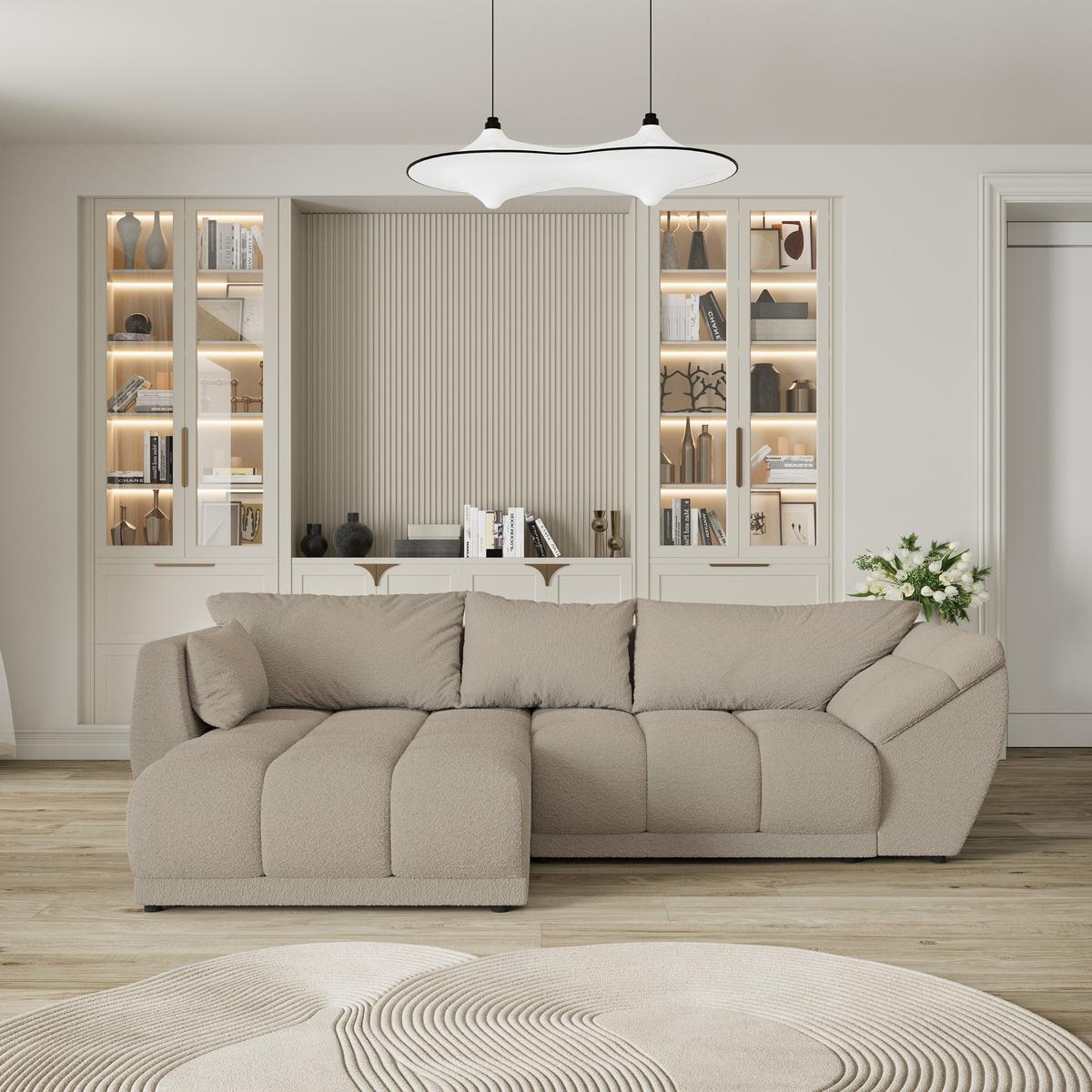 ECKSOFA ORENTI L-S Beige Boucle-Stoff mit Schlaffunktion - Beige, Holz (287/182cm) - MASSENO