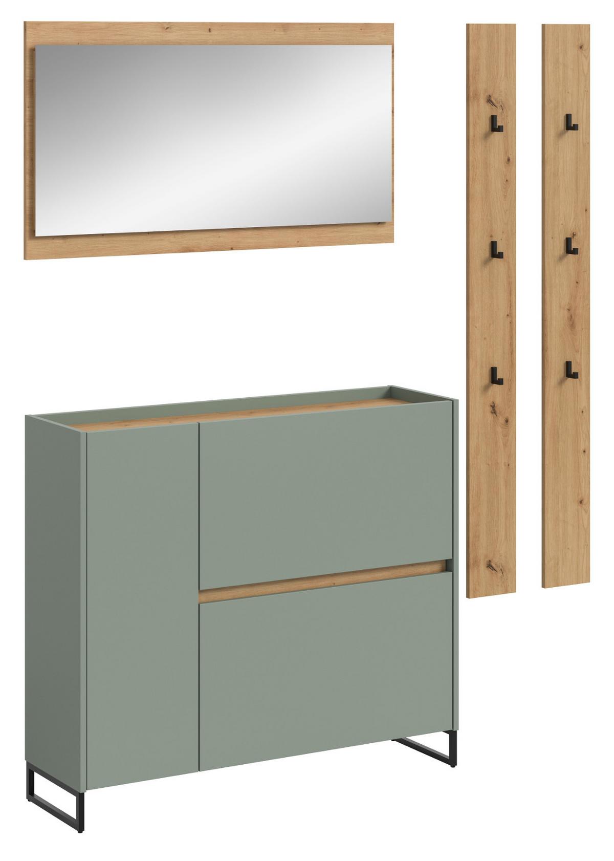 GARDEROBEN-SET Salbei und Artisan Eiche, Garderobe 172 x 197 cm, Soft-Close - Salbeigrün/Schwarz, Holzwerkstoff/Metall (172/197/32cm) - Inn.Furn