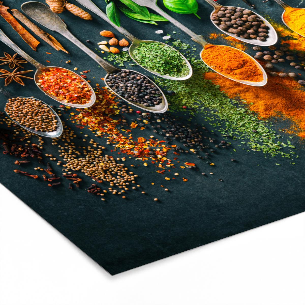POSTER MIT RAHMENGERAHMTES BILD Kräuter - Gewürze - Löffel 40x30 cm - Currygelb, Papier (40/30cm) - MuchoWow