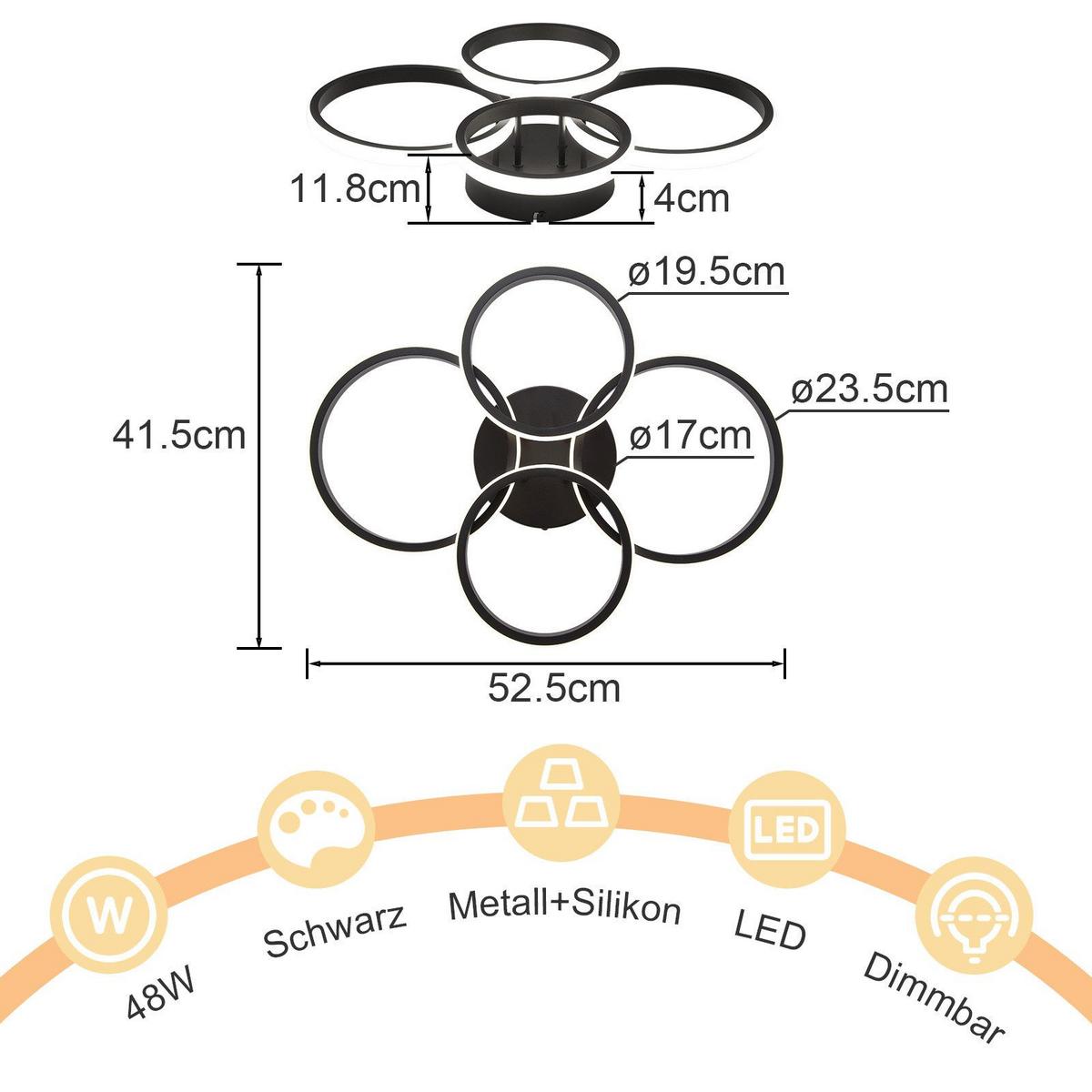 LED-DECKENLEUCHTE Madison 41.5/52.5/11.8cm - Schwarz, Metall (52.5/41.5/11.8cm) - Nettlife