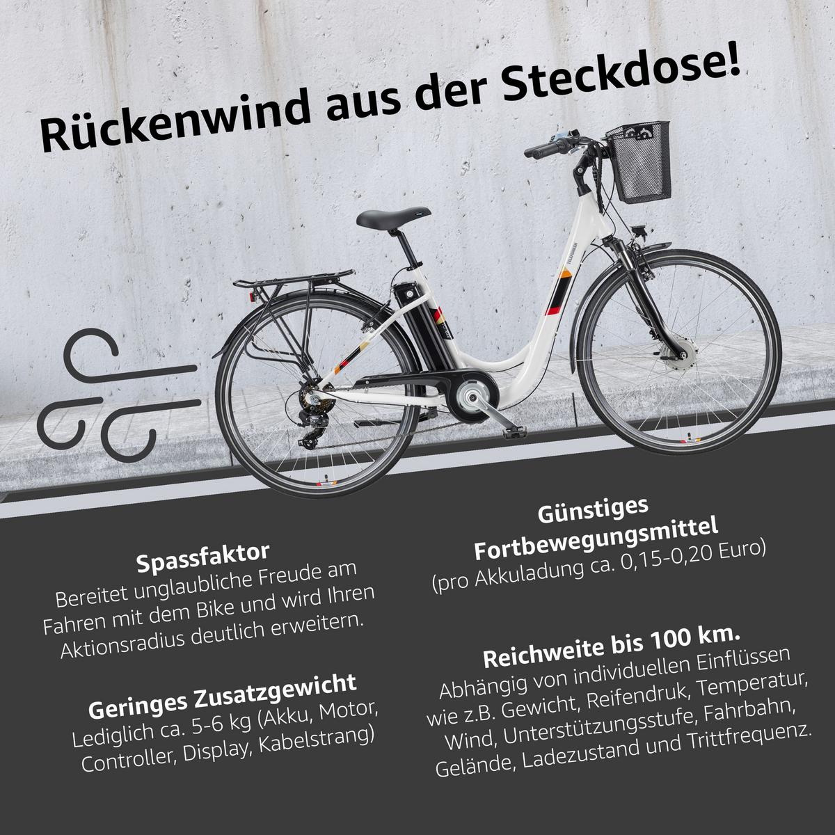 E-BIKE Cityrad Multitalent RC822 Für Damen u. Herren 374,4 Wh Frontmotor 7-Gang-Kettenschaltung 28 Zoll - Weiß, Metall (114.5cm) - Telefunken
