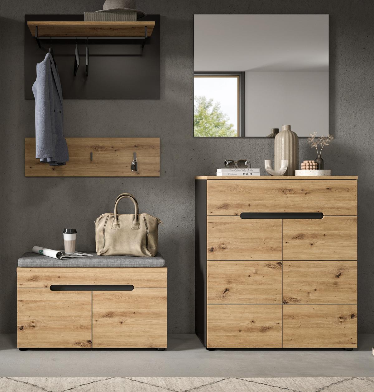 GARDEROBE Set 5-teilig Eiche Artisan grau 175 cm, mit Soft-Close - Schwarz/Eiche Artisan, Glas/Holzwerkstoff (175/190/37cm) - Inn.Furn